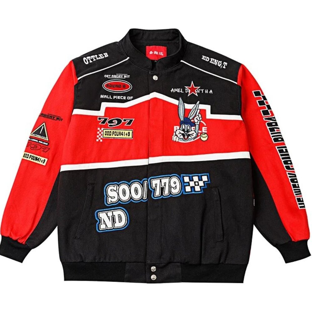 Bugs Bunny Racing Varsity Jacket – Red & Black Patchwork Bomber